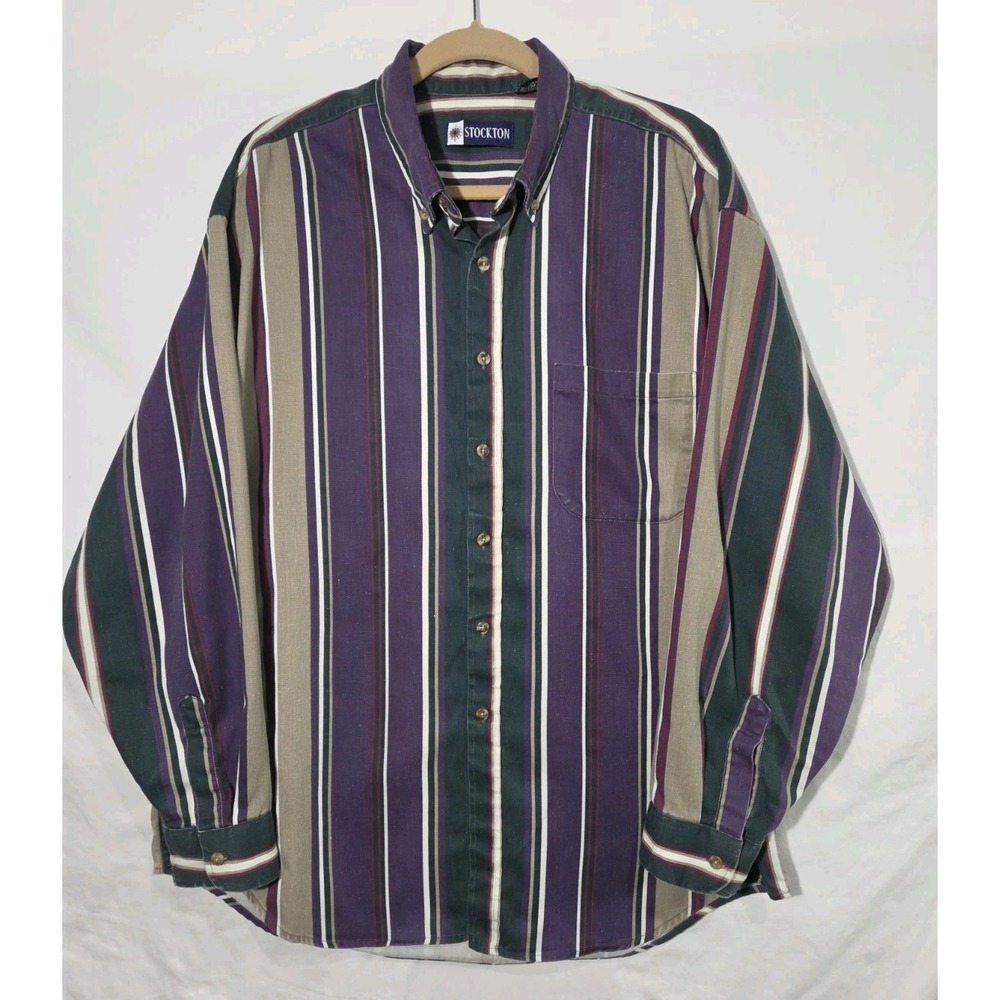Mens 90s Stockton Western Shirt XL Vertical Striped Button Up Purple, Green Tan
